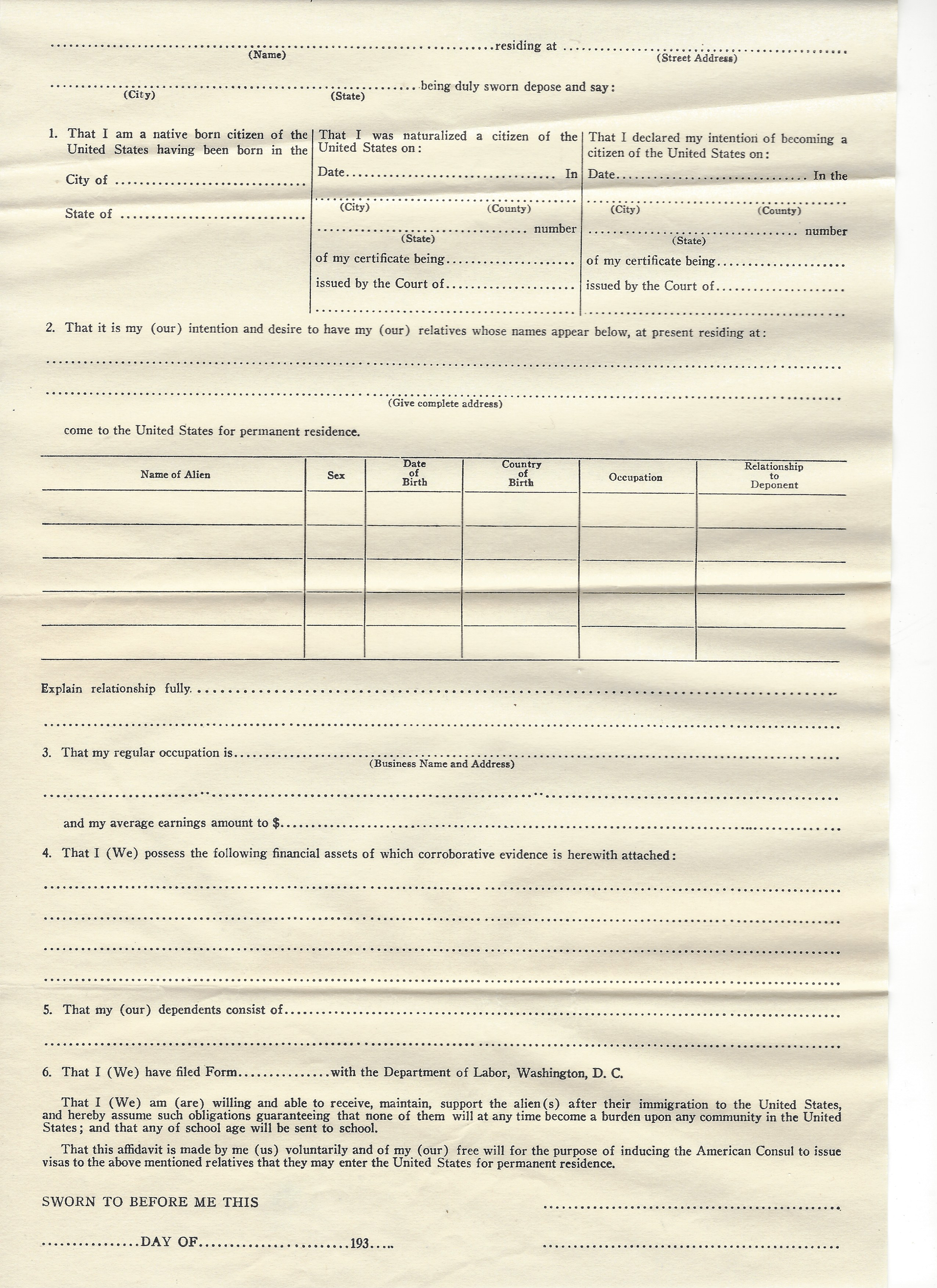 Affidavit of Immigration Support