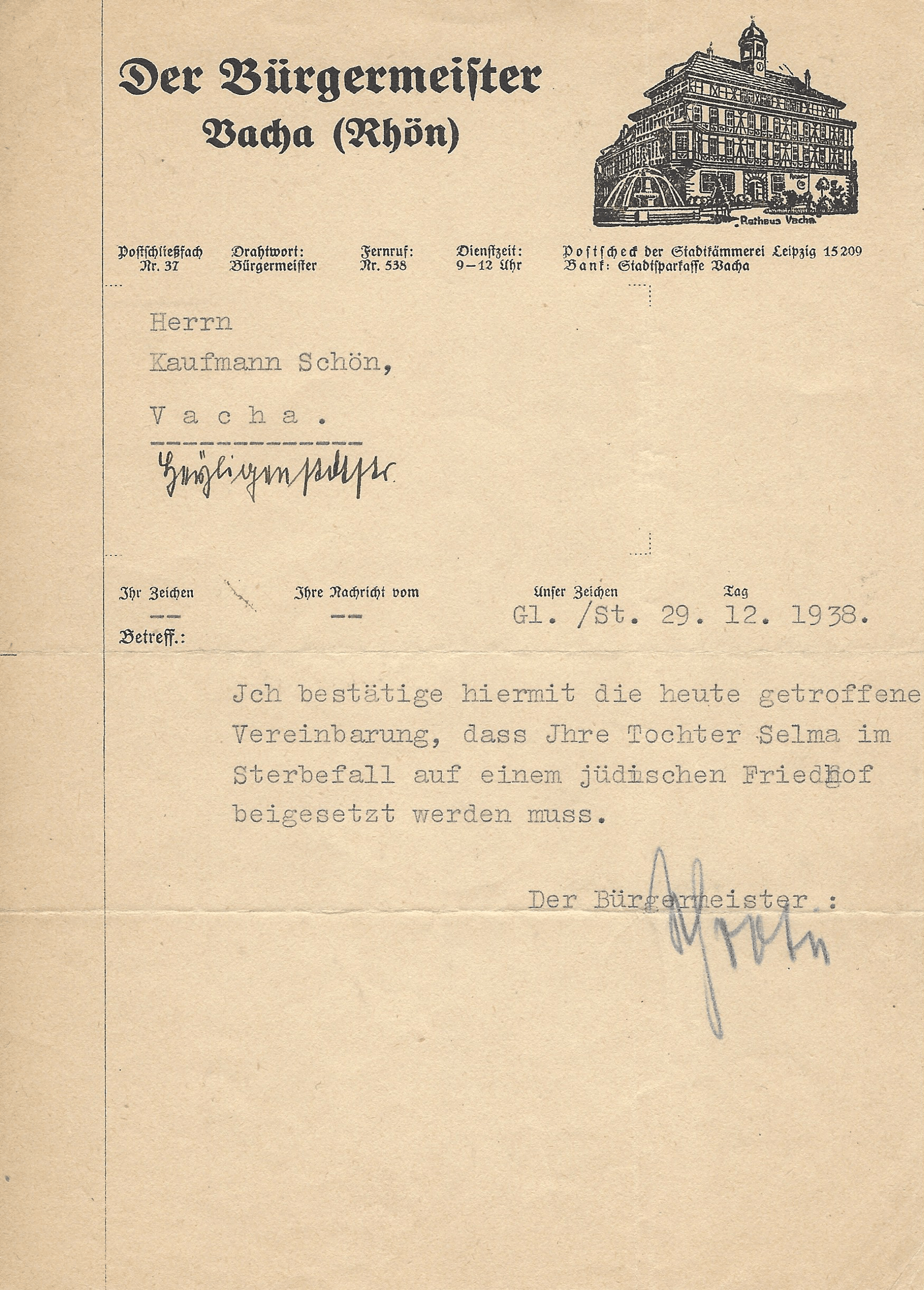 letter from mayor of Vacha regarding Selma Schoen